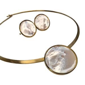 Vintage Collar Necklace & Earrings Mother of Peal Pendant Butler Metal Choker